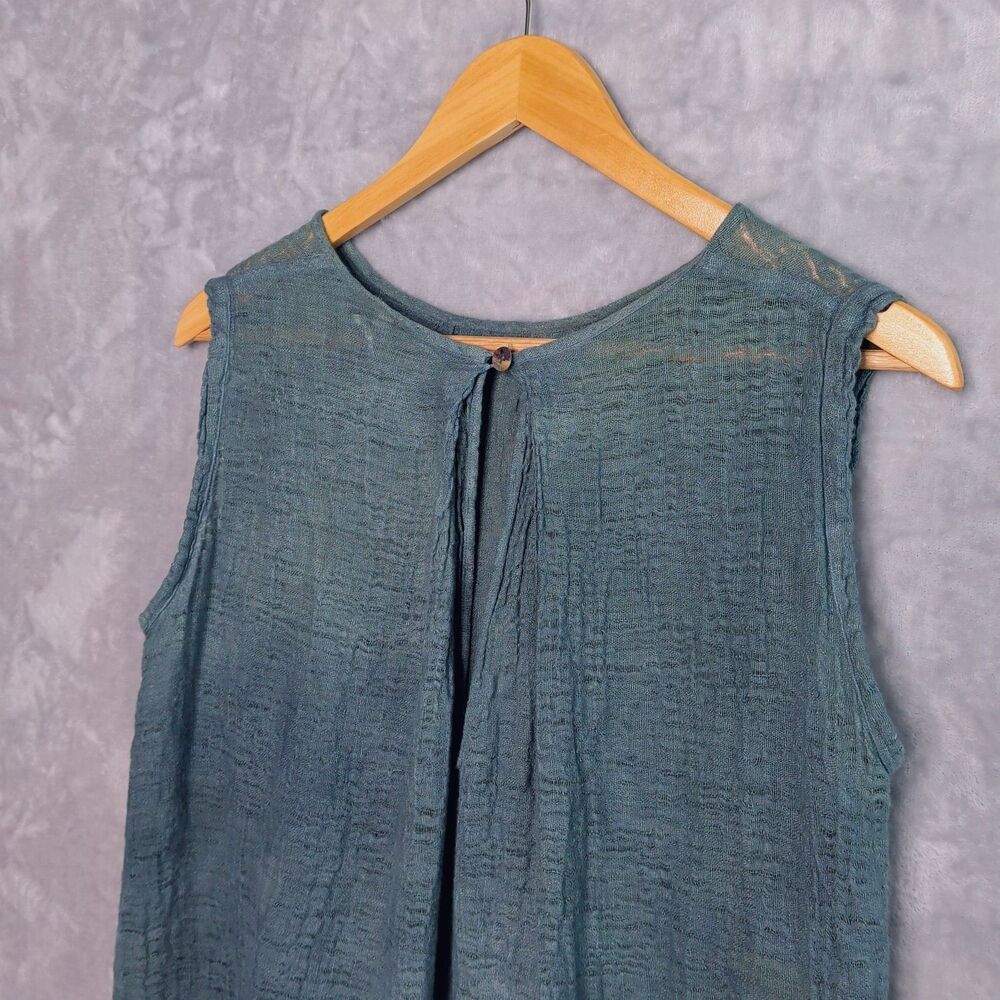 LA BOTTEGA Teal Gauzy Linen Sleeveless Top Size M Hi-Lo Flowy Layer Lightweight - Picture 7 of 13